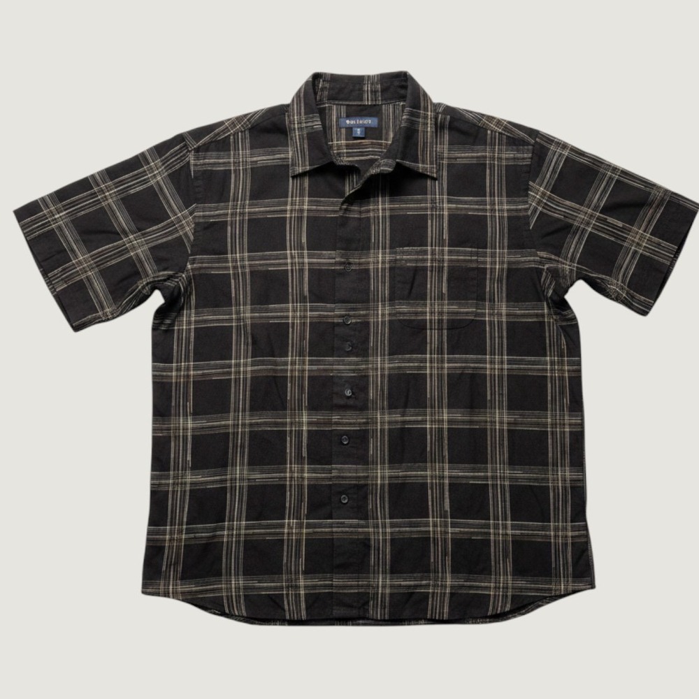 Puritan Button Down Shirt Size L Plaid Short Sleeve Rayon Relaxed Fit Black